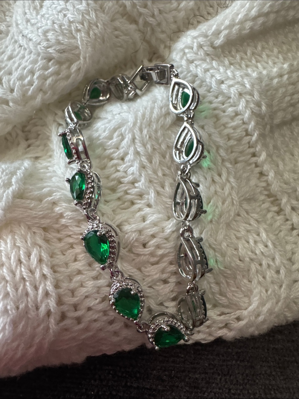 Stainless Silver Bracelet with Emerald Green Teardrop Stones